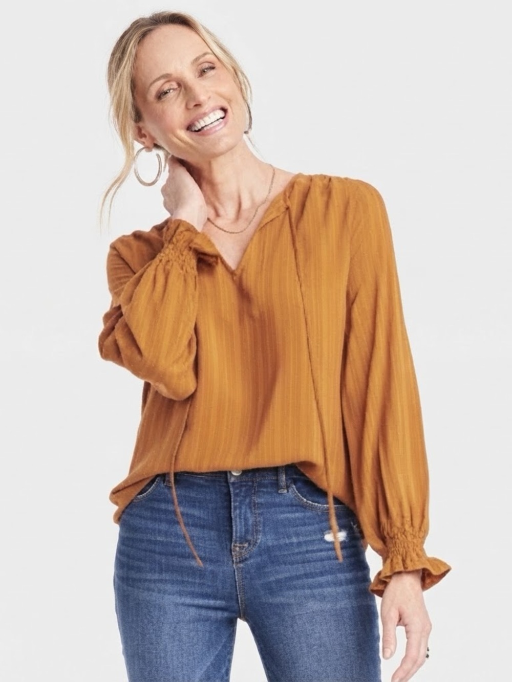 Knox Rose mustard rayon tie neck peasant top